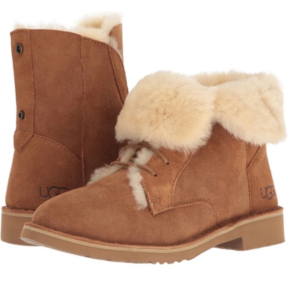 UGG Quincy Tan Sheepskin Lace Up Bootie Ankle Boot Womens 8 / 39 EUC